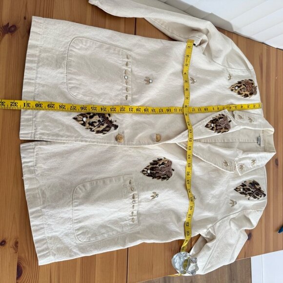 Red Coral Jacket Beige Embroidered Safari Animals Leopard Print Utility M - Picture 4 of 13